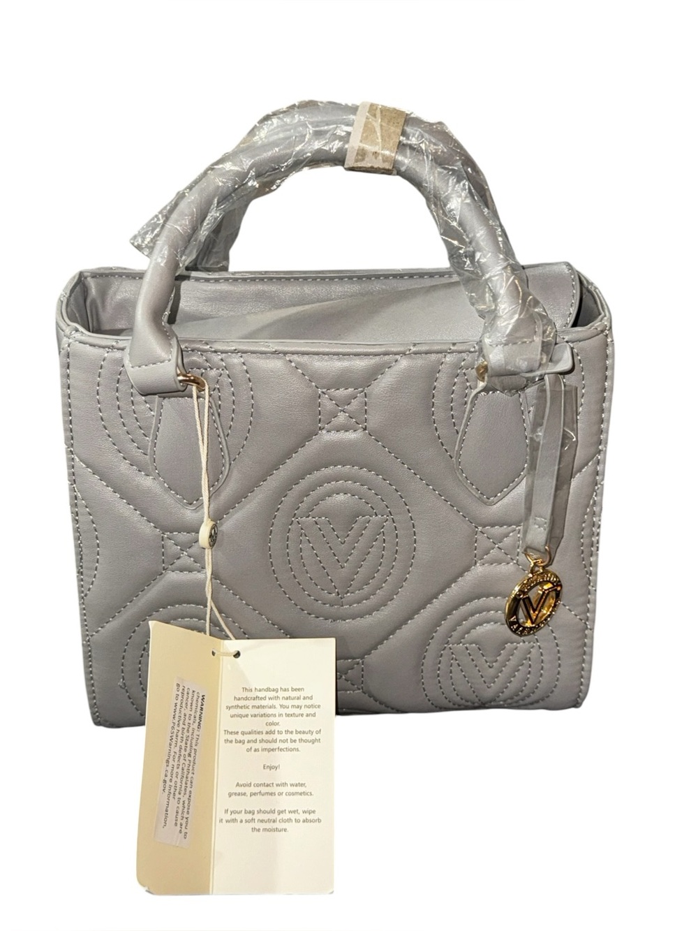 Valentino Orlandi Silver Quilted Top-Handle Crossbody Bag with Gold Charm